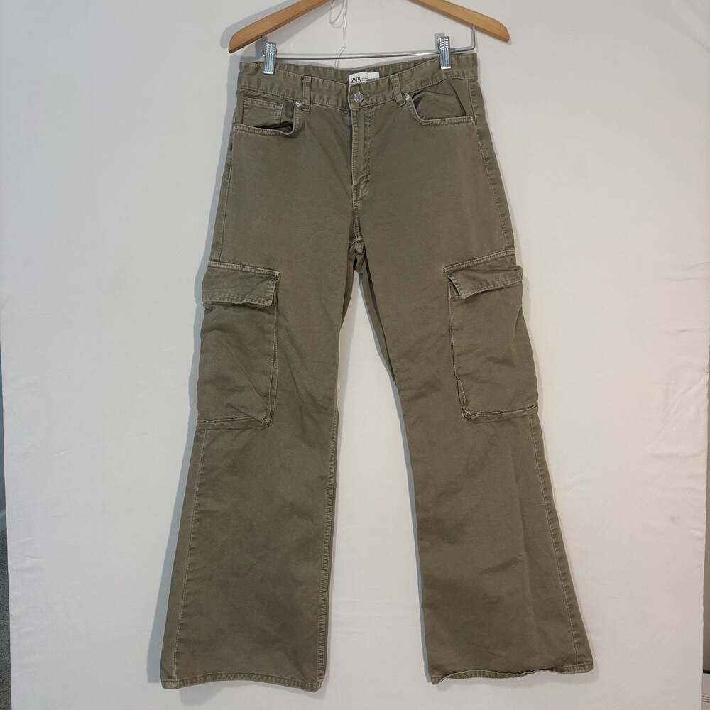 Zara TRF Wide Leg Khaki Cargo Pants Women Size 8 Y2K Utility Streetwear Baggy